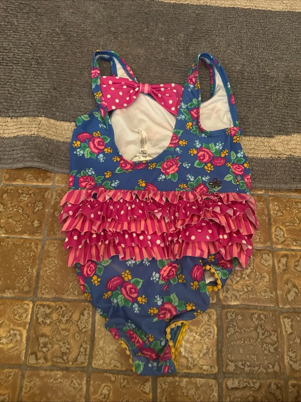 Matilda Jane Blue Floral Ruffle Swim One-Piece with Pink Accents